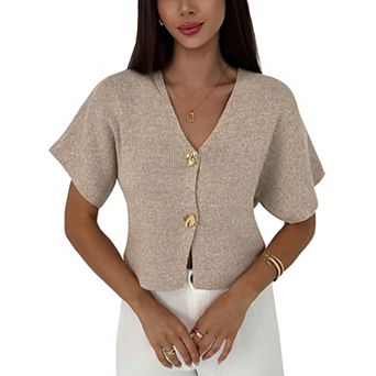 Women Short Sleeves Cardigan Button Down Ribbed Lightweight V Neck Sweater Top