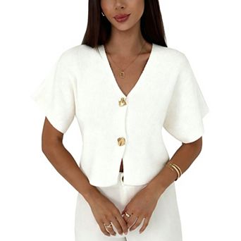 Women Short Sleeves Cardigan Button Down Ribbed Lightweight V Neck Sweater Top