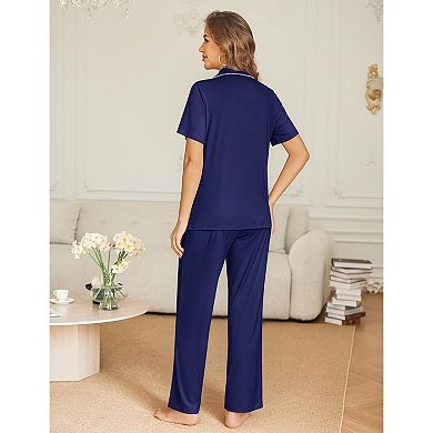Ekouaer Womens Pajama Sets Button Down Pjs Lounge Sets 2 Piece Short Sleeve Sleepwear Soft Comfy