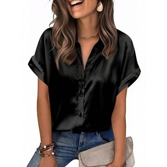 Zeagoo Satin Blouses for Women Silk Button Down Shirts Short Sleeve Business Casual Tops