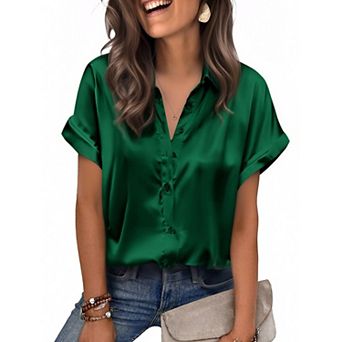 Zeagoo Satin Blouses for Women Silk Button Down Shirts Short Sleeve Business Casual Tops