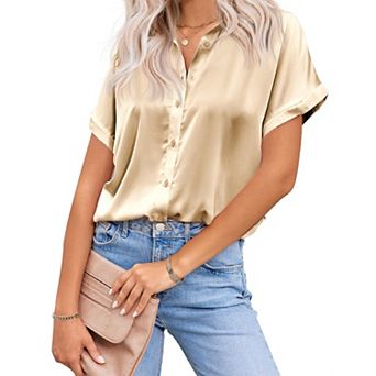 Zeagoo Satin Blouses for Women Silk Button Down Shirts Short Sleeve Business Casual Tops