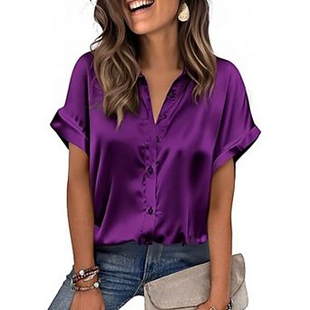 Zeagoo Satin Blouses for Women Silk Button Down Shirts Short Sleeve Business Casual Tops