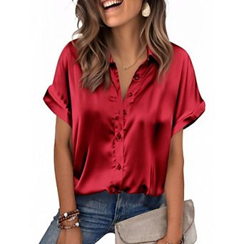 Zeagoo Satin Blouses for Women Silk Button Down Shirts Short Sleeve Business Casual Tops