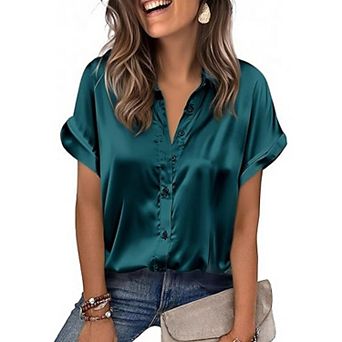 Zeagoo Satin Blouses for Women Silk Button Down Shirts Short Sleeve Business Casual Tops