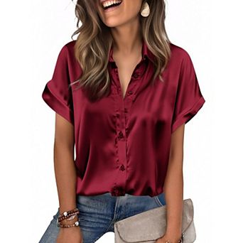 Zeagoo Satin Blouses for Women Silk Button Down Shirts Short Sleeve Business Casual Tops