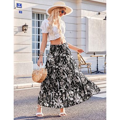 Zeagoo Women's Elastic High Waist A Line Layer Ruffle Swing Casual Long Maxi Skirt