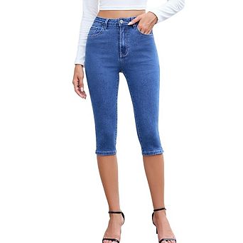 Women's Capri Jeans High Waisted Fashion Straight Leg Raw Hem Denim Capri Pants