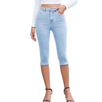Women's Capri Jeans High Waisted Fashion Straight Leg Raw Hem Denim Capri Pants
