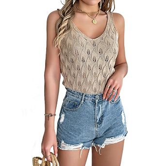 Women's Summer Knit Tank Tops Loose Fit V Neck Crochet Boho Hollow Out Sleeveless Casual Beach Top