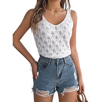 Women's Summer Knit Tank Tops Loose Fit V Neck Crochet Boho Hollow Out Sleeveless Casual Beach Top