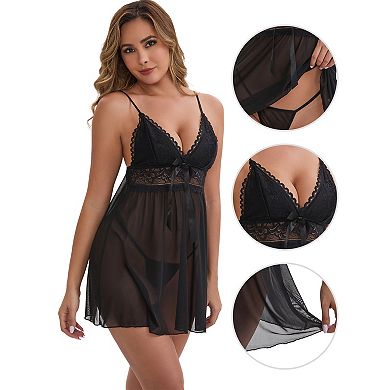 2 Packs Women's See Through Lace Mesh Deep-V Adjustable Spaghetti Above Knee Straps Full Slip