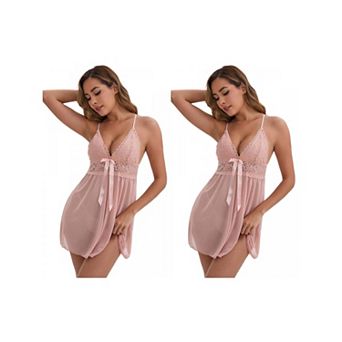 2 Packs Women's See Through Lace Mesh Deep-V Adjustable Spaghetti Above Knee Straps Full Slip