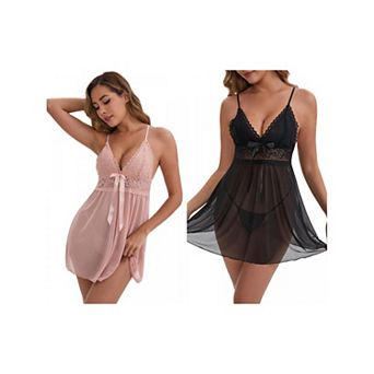 2 Packs Women's See Through Lace Mesh Deep-V Adjustable Spaghetti Above Knee Straps Full Slip