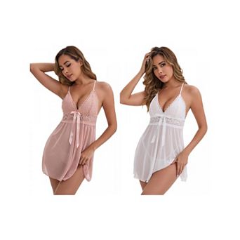 2 Packs Women's See Through Lace Mesh Deep-V Adjustable Spaghetti Above Knee Straps Full Slip