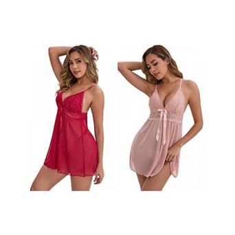 2 Packs Women's See Through Lace Mesh Deep-V Adjustable Spaghetti Above Knee Straps Full Slip
