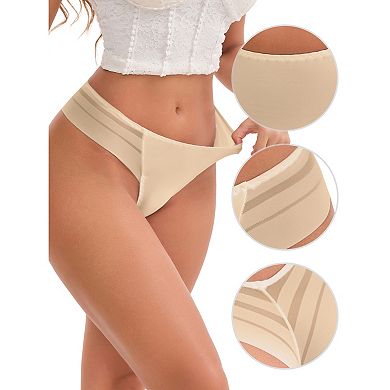 2 Packs Women's Low Rise Ice Silk Lace Elastic Thong Striped Breathable Seamless Underwear