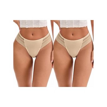 2 Packs Women's Low Rise Ice Silk Lace Elastic Thong Striped Breathable Seamless Underwear