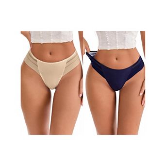2 Packs Women's Low Rise Ice Silk Lace Elastic Thong Striped Breathable Seamless Underwear