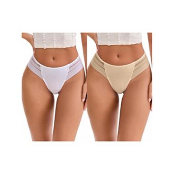 2 Packs Women's Low Rise Ice Silk Lace Elastic Thong Striped Breathable Seamless Underwear