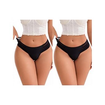 2 Packs Women's Low Rise Ice Silk Lace Elastic Thong Striped Breathable Seamless Underwear