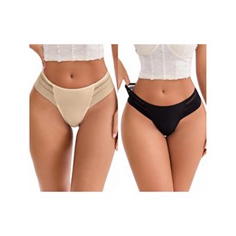 2 Packs Women's Low Rise Ice Silk Lace Elastic Thong Striped Breathable Seamless Underwear