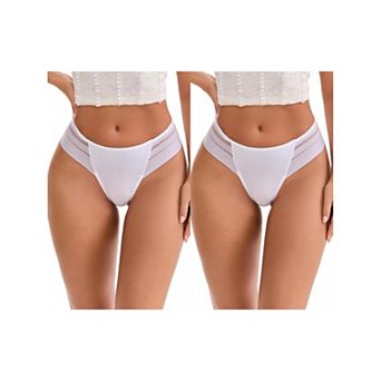 2 Packs Women's Low Rise Ice Silk Lace Elastic Thong Striped Breathable Seamless Underwear