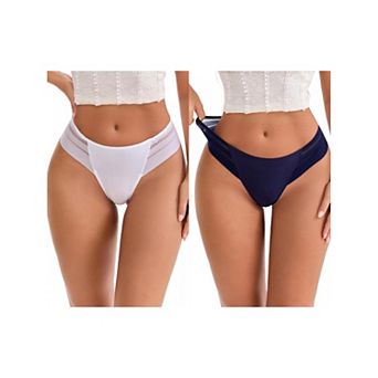 2 Packs Women's Low Rise Ice Silk Lace Elastic Thong Striped Breathable Seamless Underwear