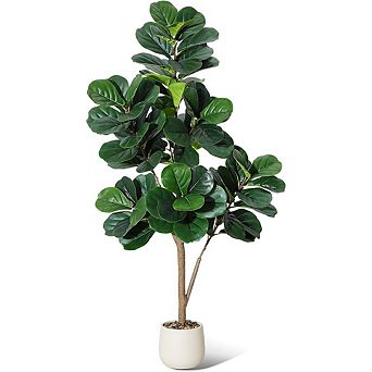 6ft faux fiddle leaf fig, 108 leaves, white planter, realistic indoor plant.