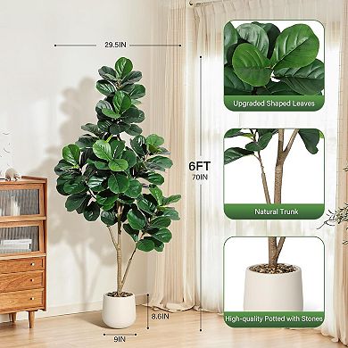 6ft faux fiddle leaf fig, 108 leaves, white planter, realistic indoor plant.