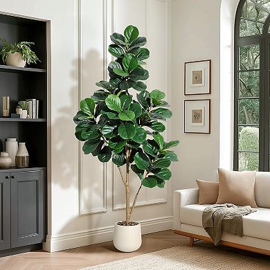 6ft faux fiddle leaf fig, 108 leaves, white planter, realistic indoor plant.