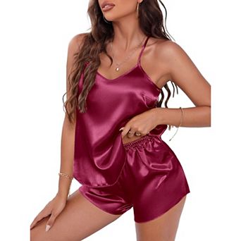 Ekouaer Womens Pajama Sets Silky Cami Short Pj Sets Cross-back V-Neck Valentine Loungewear