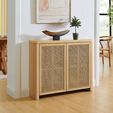 KWPZQEB 2 Doors Boho Rattan Sideboard Buffet Cabinet with Shelf & 2 Outlet Holes for Kitchen