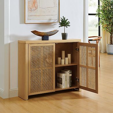 KWPZQEB 2 Doors Boho Rattan Sideboard Buffet Cabinet with Shelf & 2 Outlet Holes for Kitchen