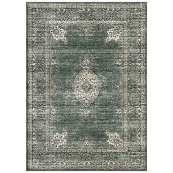 Vintage Floral Washable Rug Non-Slip Low Pile Carpet for Living Room, Bedroom