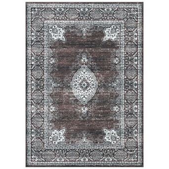 Vintage Floral Washable Rug Non-Slip Low Pile Carpet for Living Room, Bedroom