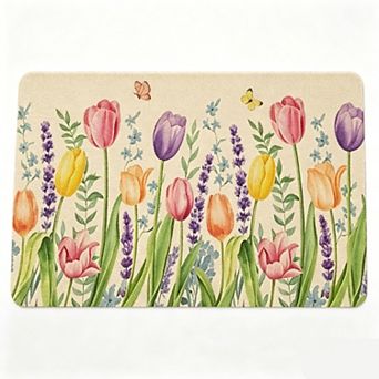 Embossed Blue White Peony Floor Mat Soft Anti-Slip Elegant Decor Surface