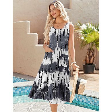 Zeagoo Women's Sleeveless Crewneck A Line Floral Boho Beach Tank Sundress with Pockets
