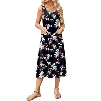 Zeagoo Women's Sleeveless Crewneck A Line Floral Boho Beach Tank Sundress with Pockets