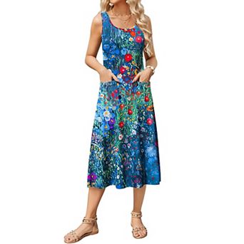 Zeagoo Women's Sleeveless Crewneck A Line Floral Boho Beach Tank Sundress with Pockets