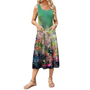 Zeagoo Women's Sleeveless Crewneck A Line Floral Boho Beach Tank Sundress with Pockets