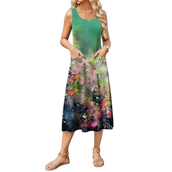 Женские платья Zeagoo Women's Sleeveless Crewneck A Line Floral Boho Beach Tank Sundress with Pockets — фото 1