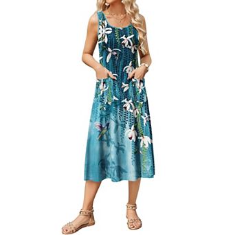 Zeagoo Women's Sleeveless Crewneck A Line Floral Boho Beach Tank Sundress with Pockets