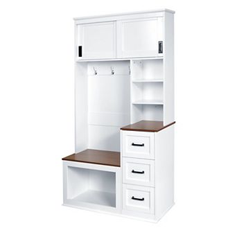 KWPZQEB Modern Coat Rack with Bench & 3 Drawers & 2 Sliding Doors, Hall Tree with 3 Sturdy Hooks