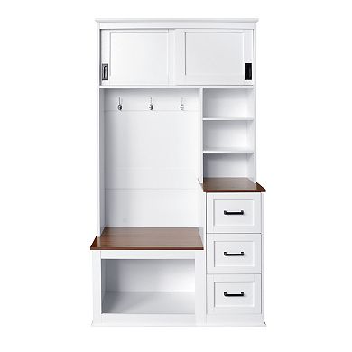 KWPZQEB Modern Coat Rack with Bench & 3 Drawers & 2 Sliding Doors, Hall Tree with 3 Sturdy Hooks