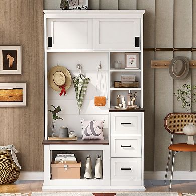 KWPZQEB Modern Coat Rack with Bench & 3 Drawers & 2 Sliding Doors, Hall Tree with 3 Sturdy Hooks