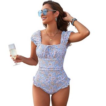Women's Floral Ruffle Sleeve Square Neck Swimsuit Tie-Back Ruched Bathing Suit for Beach & Pool