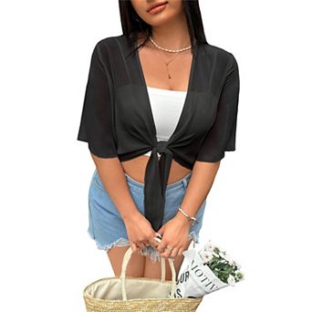 Women's Plus Size Sheer Shrug Tie Front Cardigan Short Sleeve Cover Up Lightweight Bolero