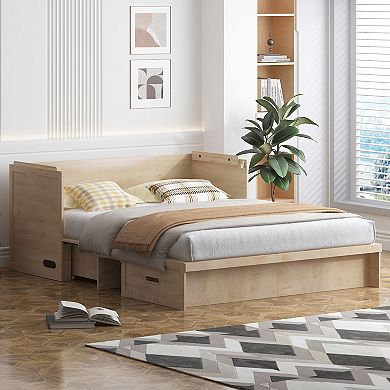 Queen Murphy Hidden Cabinet Bed with Tri-Folding Mattress, USB Station & 2 Drawers