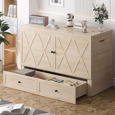 Queen Murphy Hidden Cabinet Bed with Tri-Folding Mattress, USB Station & 2 Drawers